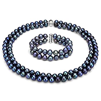 【中古】【輸入品・未使用】スターリングシルバー2-rows 6.5???7?mm dyed-black淡水養殖真珠ネックレスとブレスレットセット