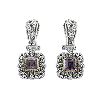 【中古】【輸入品・未使用】925シルバー＆アメジスト スクエアフィリグリーイヤリング 18Kゴールドアクセント