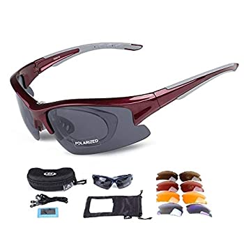 【中古】【輸入品・未使用】Wonzone 偏光スポーツサングラス UV400 交換レンズ5個付き 男女兼用 サイクリング ランニング 運転 釣り ゴルフ 野球 MTB メガネ(レッド)