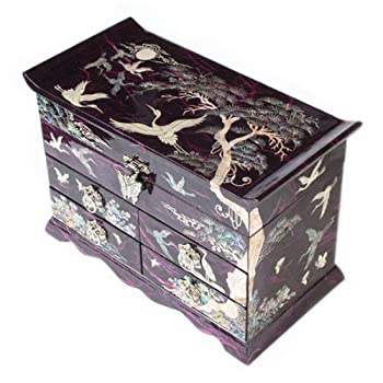 【中古】【輸入品・未使用】母のパールCrane and Pine Tree inパープル桑紙デザイン木製ジュエリーミラーTrinket記念品トレジャーギフトアジアラッカーボックスケース胸オー