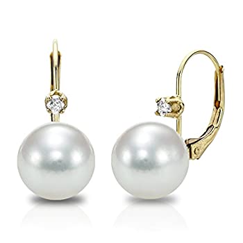 【中古】【インポート品・未当て嵌める】14K 黄色ゴールド 白いこと 本物の日本のアコヤ育てる 8-8.5粍 パール 生き肝うしろ側 金剛石 イヤリング