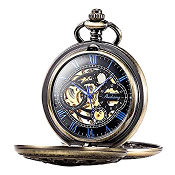 【中古】【輸入品・未使用】懐中時計 スケルトン 機械式 ダブルケース 手巻き SIBOSUN ブロンズ ブルー ローマ数字 アンティーク チェーンボックス