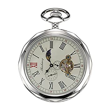 【中古】【輸入品・未使用】TREEWETO 機械式 懐中時計 シルバー ローマ数字 オープン フェイス 24時間 日月表示 チェーン＋ギフト ボックス 付き｜スカイマーケットプラス