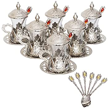 【中古】【輸入品・未使用】(SET OF 6) Handmade Turkish Tea Water Zamzam Serving Set Glasses Saucer (Silver)