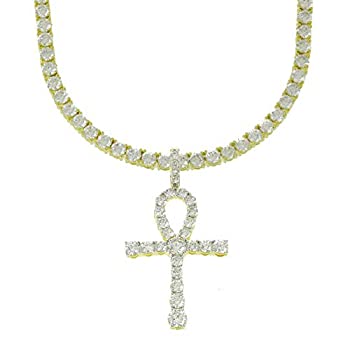 【中古】【輸入品・未使用】Bling Bling NY メンズ 14K ゴールドメッキ ラウンドカット キュービックジルコニア エジプトアンク クロスペンダント 1列テニスネックレス チョ