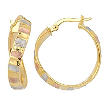 【中古】【インポート品・未当て嵌める】Kooljewelry 14k トリコロール ゴールド 4x20粍 高光輝 繻子完成 ツイストフープイヤリング