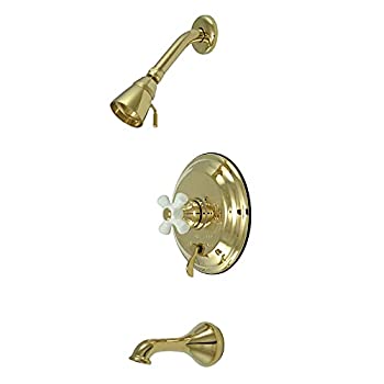 【中古】【輸入品・未使用】(Polished Brass) - Kingston Brass KB36320PX Restoration Tub and Shower Faucet with Porcelain Cross Handle%ｶﾝﾏ% Polished Brass