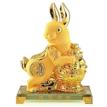 【中古】【輸入品・未使用】Wenmily Lサイズ 中国十二支 ウサギ ゴールデン樹脂 コレクターズフィギュア テーブルデコレーション