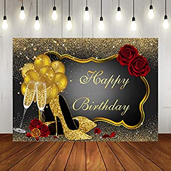 【中古】【インポート品・未当て嵌める】Glitter Gold Happy Birthday Backdrop Red Rose Floral Golden Balloons Heels Champagne Glass Background for Women Birthday Party Decorati 家電-その他