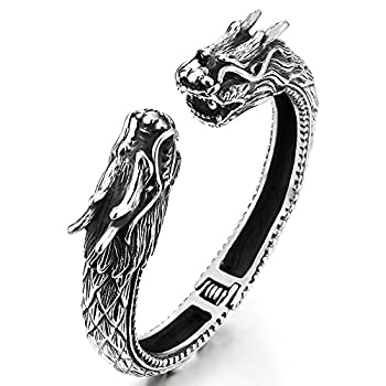 【中古】【輸入品・未使用】COOLSTEELANDBEYOND メンズ ラージ ステンレススチール ドラゴン スプリング カフ バングル ブレスレット レトロスタイル｜スカイマーケットプラス