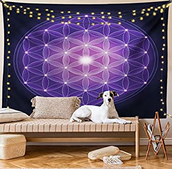 【中古】【インポート品・未当て嵌める】ダークブルータペストリーby Ambesonne %ｶﾝﾏ% Flower Of Life With Stars Spiritual Symbol Sacred Geometry古代、飾りつけの臥し所リビングお座敷寮