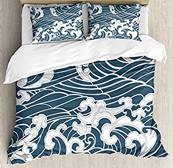 【中古】【輸入品・未使用】Japanese Wave King Size Duvet Cover Set by Ambesonne%ｶﾝﾏ% Hand Drawn Traditional Style Aquatic Doodle River Storm Retro Abstract%ｶﾝﾏ% D