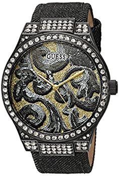 【中古】【インポート品・未当て嵌める】GUESS Women\u0027s U0844L1 Sporty Black Watch with Gold Dial %ｶﾝﾏ% Crystal-Accented Bezel and Genuine Leather Strap Buckle