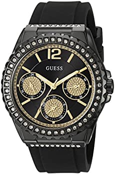 【中古】【インポート品・未当て嵌める】GUESS Women\u0027s U0846L1 Sporty Black Watch with Black Dial %ｶﾝﾏ% Crystal-Accented Bezel and Silicone Strap Buckle 腕時計-その他