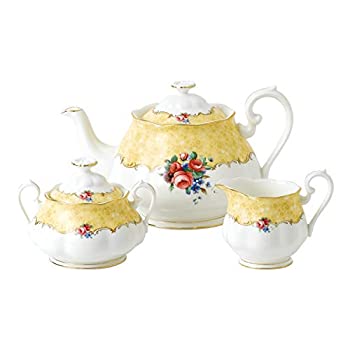 【中古】【インポート品・未当て嵌める】Royal Albert 100 Years 1990 3点書き割り (ティーポット 白砂糖\u0026クリーマー) 花束 3点 紅茶客あしらい 雑ぜ合わせる色つや