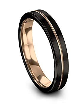 【中古】【輸入品・未使用】Midnight Rose Collection タングステン結婚指輪 4mm 男女兼用 18Kローズゴールドメッキ フラットカット センターライン ブラック つや消し 光沢