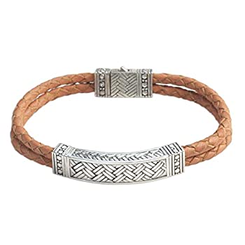 【中古】【インポート品・未当て嵌める】NOVICA メンズ .925スターリングしろがね色と編み込みブラウンレザーブレスレット 8.75in ジャカルタマン