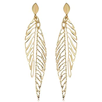 【中古】【輸入品・未使用】Kooljewelry 14Kイエローゴールド ダイヤモンドカット リーフダングルイヤリング