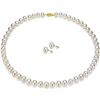 【中古】【インポート品・未当てはめる】14K 黄色ゴールド 育てるアコヤパールネックレスとスタッドイヤリングセット 5~5.5粍