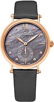 【中古】【インポート品・未当て嵌める】Alexander Monarch Roxana黒いこと母のパールLarge FaceステンレススチールメッキローズゴールドWatch for Women???スイスクォーツグレーサテン