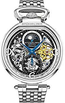 【中古】【インポート品・未当てはめる】Stuhrling Original Mens Skeleton Watch Dial Automatic Watch with Calfskin Leather Band and - Dual Time%ｶﾝﾏ% AM/PM Sun Moon (Black/Silve