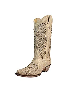 【中古】【インポート品・未当て嵌める】Corral レディース ホワイトグリッターインレイ\u0026クリスタルホワイトカウガールブーツ 6.5 白いこと