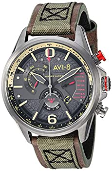 【中古】【インポート品・未当て嵌める】AVI-8 メンズ \u0027ホーカーハリアーII \u0027 石英 ステンレス鋼スチール写真となめし革 アビエーターウォッチ 45粍 緑であること