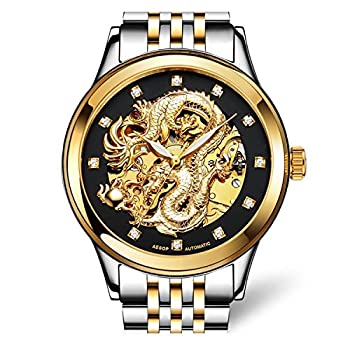 【中古】【インポート品・未当て嵌める】メンズ御前上等時辰儀\u0027火竜寄せあわせ\u0027 Carved文字盤自動小銃機械類雨合羽ゴールドスケルトンウオッチ Gold Silver/Black