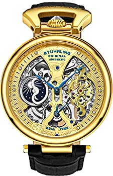 【中古】【インポート品・未当てはめる】Stuhrling 事あたらしい メンズ スケルトン ウオッチ 文字盤 自動小銃一巻き カーフスキンレザーバンド デュアルひと休み AM/PM サン・お月さま A Gold
