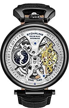 【中古】【輸入品・未使用】Stuhrling オリジナル メンズ スケルトン 腕時計 ダイヤル 自動巻き カーフスキンレザーバンド デュアルタイム AM/PM サン・ムーン A Black