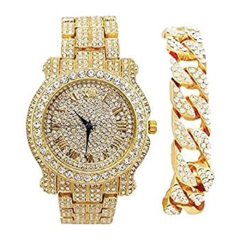 【中古】【輸入品・未使用】bling-ed Out Round高級メンズ腕時計W/bling-edアウトキューバブレスレット???l0504b???ゴールド/ゴールド