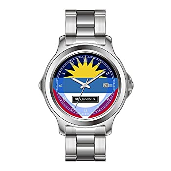 【中古】【インポート品・未当て嵌める】FDCクリスマス差し上げ物Watchesメンズ流行り物Japanese Quartz DateステンレススチールブレスレットウォッチAntigua and Barbuda Flagカスタム名