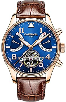【中古】【輸入品・未使用】カーニバルメンズ自動ゴールドステンレススチールサファイア防水光メンズブラウンLeaherブルーWatch|スカイマーケットプラス