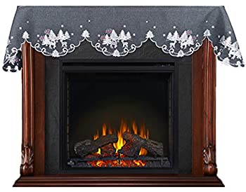 【中古】【輸入品・未使用】Linens Art and Things 刺繍入り クリスマス ホリデー シルバー トナカイ&クリスマス シーン ダークグレー 暖炉 マントルスカーフ 大きな窓飾り