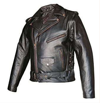 【中古】【輸入品・未使用】Men 's BasicプレミアムバッファローレザーオートバイジャケットW / Zipoutライナー& Sideレースでアンティークハードウェア 60 ブラック AL2022