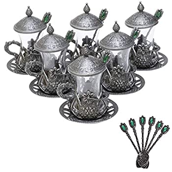 【中古】【インポート品・未当て嵌める】Alisveristime 手作りトルコ茶水ザムサービングセット グラスソーサーと刀圭 6個書き割り 黒いこと