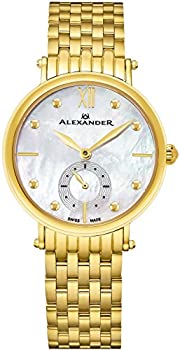 【中古】【インポート品・未当て嵌める】Alexander Monarch Roxana白いこと母のパールLarge FaceステンレススチールメッキイエローゴールドWatch for Women???スイスクォーツエレガント