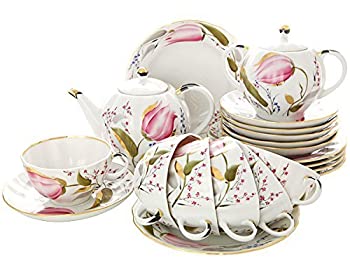 【中古】【インポート品・未当て嵌める】Lomonosov 瀬戸ものピンクチューリップティーセット 6/20: ティーポット、白砂糖どんぶり鉢、平円盤付き添い人優勝杯6個と西洋菓子一皿6個
