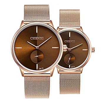 【中古】【輸入品・未使用】Couple Watch Minimalist超薄型メンズレディースQuartz Watches for LoversローズゴールドメッシュBrackletのセット2 ブラウン