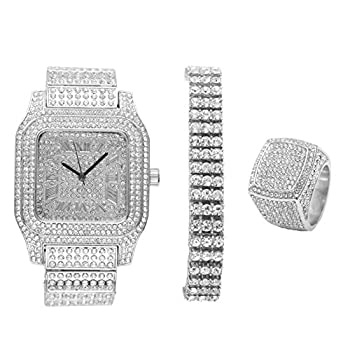 【中古】【輸入品・未使用】Bling-ed Out Biggie Sq. シルバーヒップホップウォッチ 3列のキラキラしたテニスブレスレットとキラキラ輝くリング付き - 輝く方法で刺激を起こ