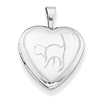 【中古】【インポート品・未当て嵌める】ロジウムメッキ スターリングしろがね色 食刻 猫 ハート型 ロケット花火首飾り 18in