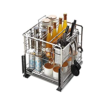 引き出し式オーガナイザー 正方形 ステンレススチール キッチン プルバスケット 調味料バスケット キッチン キャビネット 引き出しタイプ B450 c