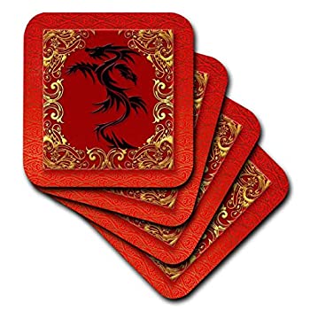 【中古】【輸入品・未使用】3dRose 中国十二支 龍の年中 中国新年 赤、ゴールド、黒 - セラミックタイルコースター4枚セット (cst_101857_3)|スカイマーケットプラス