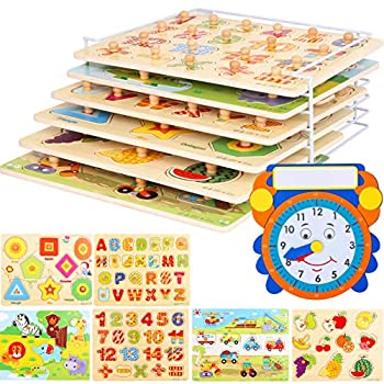 【中古】【輸入品・未使用】木製幼児用パズルとラックのセット - (6個) 収納ホルダーラックと学習用時計付き - お子様の教育に 幼稚園 ペグパズル 子供 赤ちゃん 男の子 女