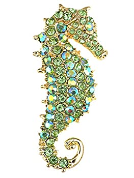 【中古】【輸入品・未使用】(Gold/Green) - Alilang Yellow Iridescent Crystal Rhinestone Seahorse Brooch Pin Pendant Silver Tone Aurora Borealis