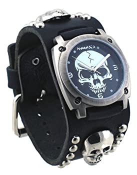 【中古】【インポート品・未当て嵌める】Nemesis Men\u0027s MSK926K Punk Rock Collection Black Heavy Duty Skull Leather Band Watch