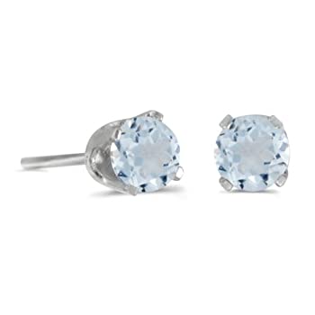 【中古】【輸入品・未使用】14K ホワイトゴールド ラウンド アクアマリン スクリューバック スタッド イヤリング 4mm