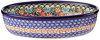 【中古】【インポート品・未当て嵌める】Polish Pottery Ceramika Boleslawiec Oval Mirek Baker 2%ｶﾝﾏ% 9-2/3-Inch by 6-7/10-Inch%ｶﾝﾏ% 5 Cups%ｶﾝﾏ% Royal Blue Patterns with Red Cor