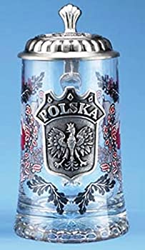 【中古】【インポート品・未当てはめる】Polska Glass Beer Stein with Pewter Lid and Pewter Medallion