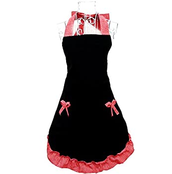 【中古】【インポート品・未当て嵌める】Hyzrzキュートブラックレッドレトロキッチンレストラン一皿分の料理Flirty Aprons for Women Girls Waitress衣嚢付き添い人前垂れの差し上げ物 エプロン・三角巾-エプロン